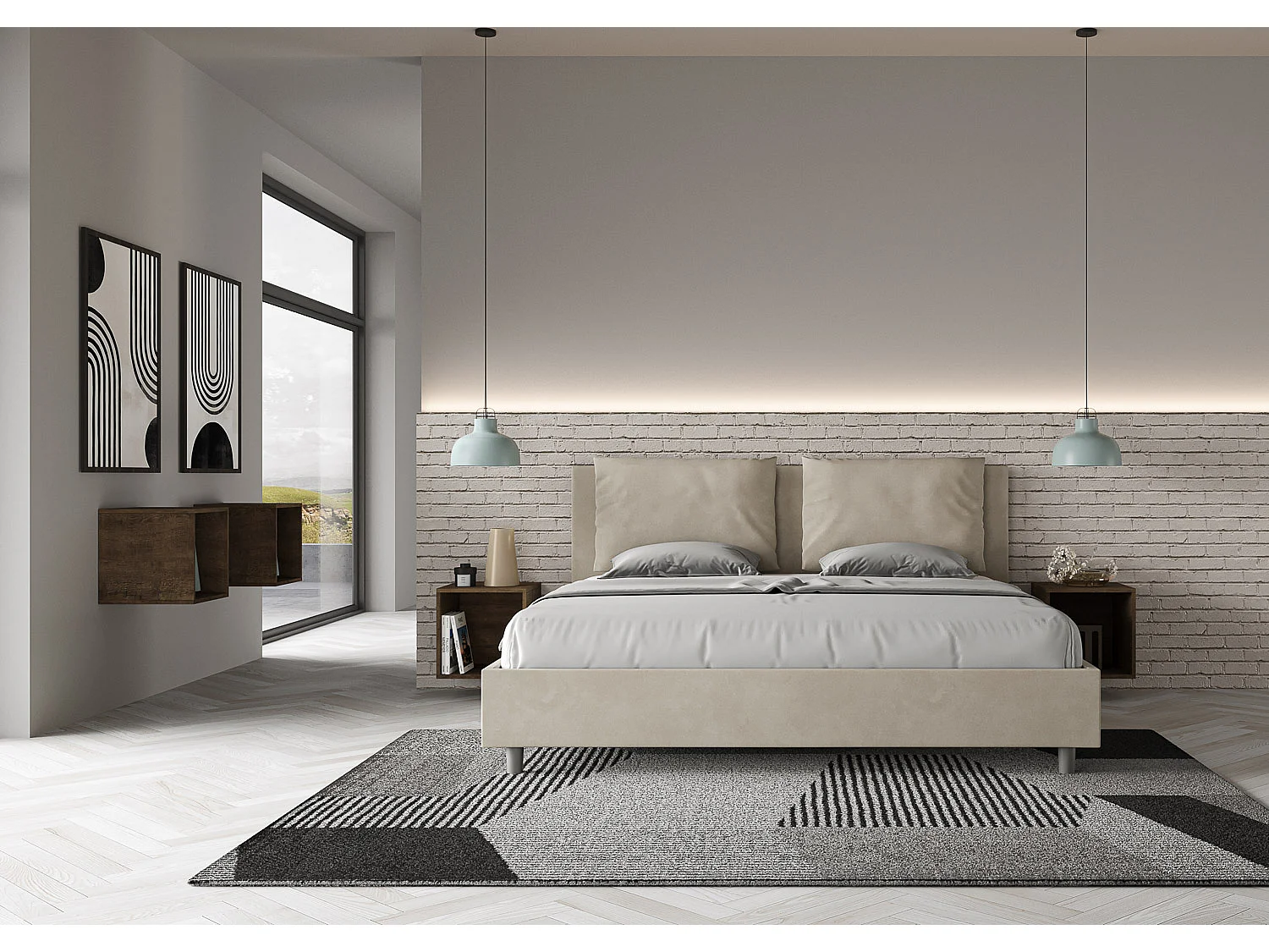 Lit avec sommier rembourré 180x210 microfibre sable Antea