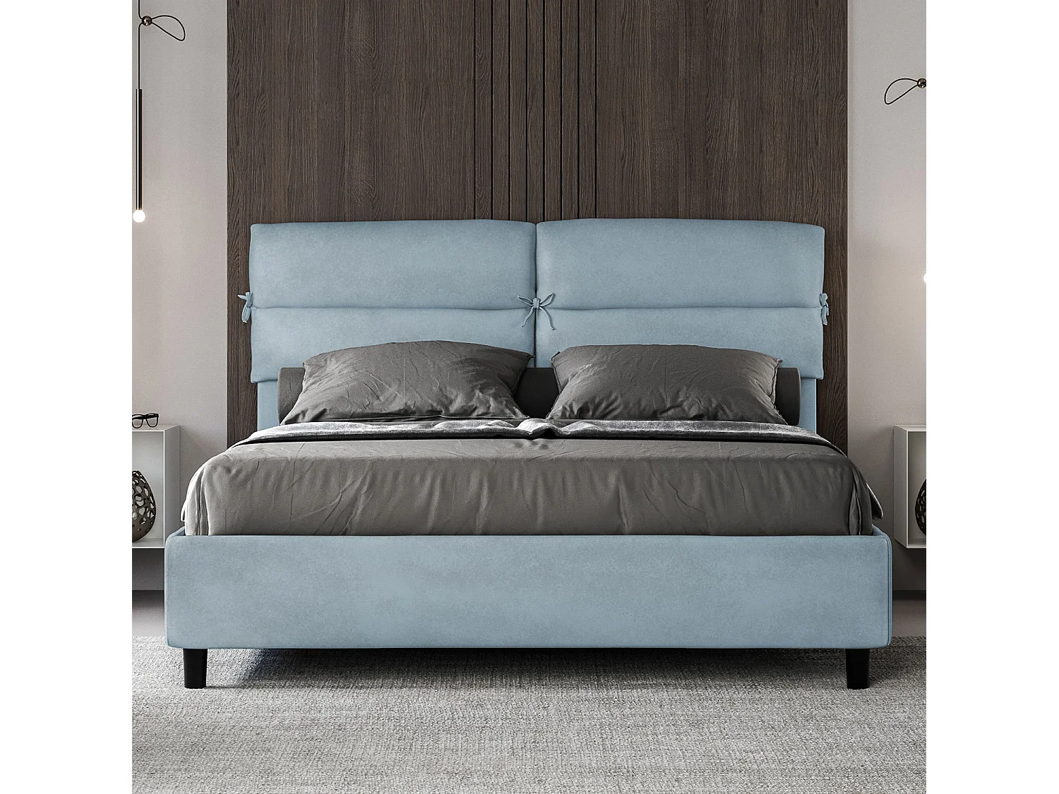 Lit sans sommier rembourré 160x210 microfibre bleu clair Nandy