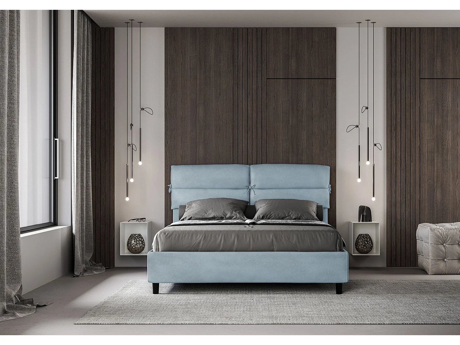 Lit sans sommier rembourré 160x210 microfibre bleu clair Nandy