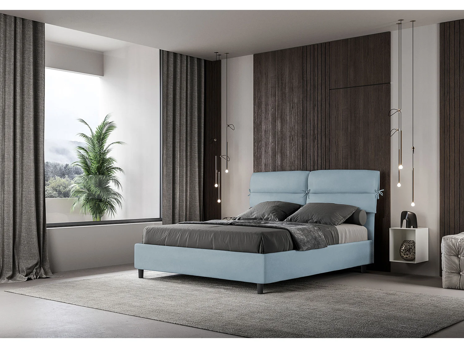Lit sans sommier rembourré 160x210 microfibre bleu clair Nandy