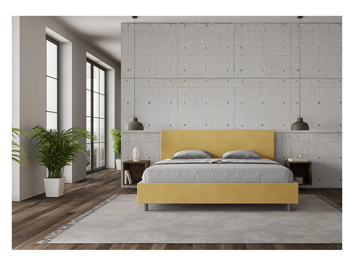 Lit king size sans sommier rembourré 200x200 microfibre ocre Antea