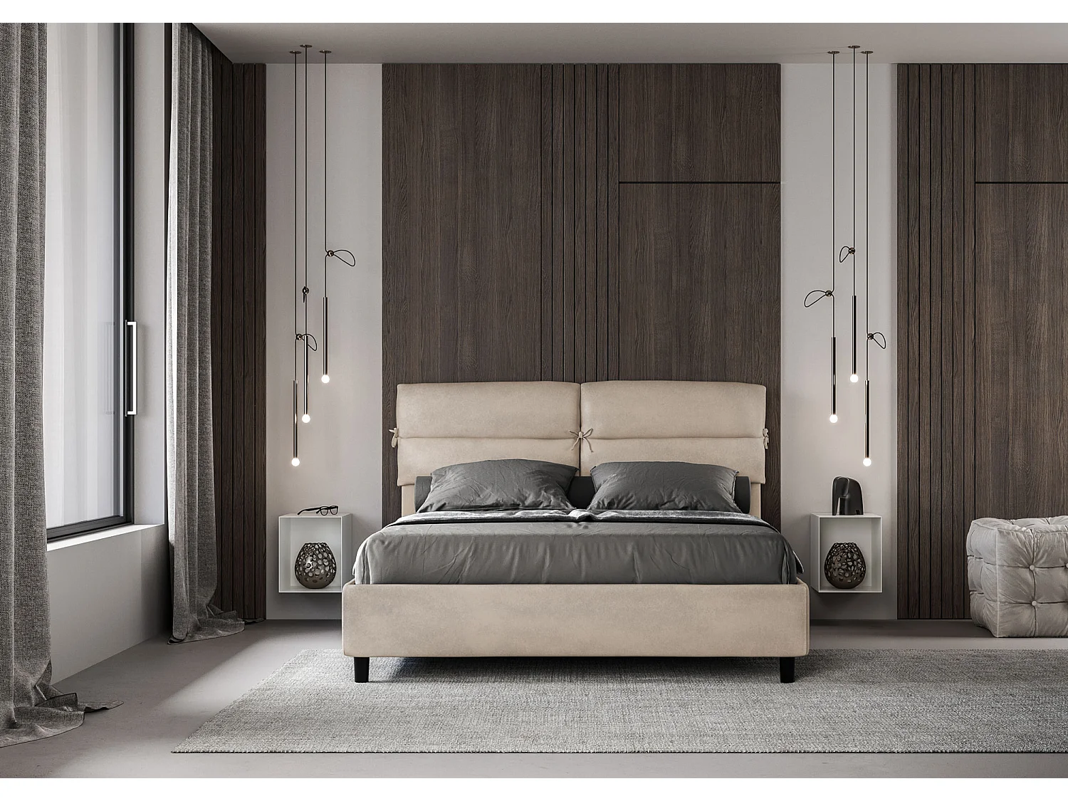 Cama de casal queen size con estrado estofada 160x200 microfibra areia Nandy