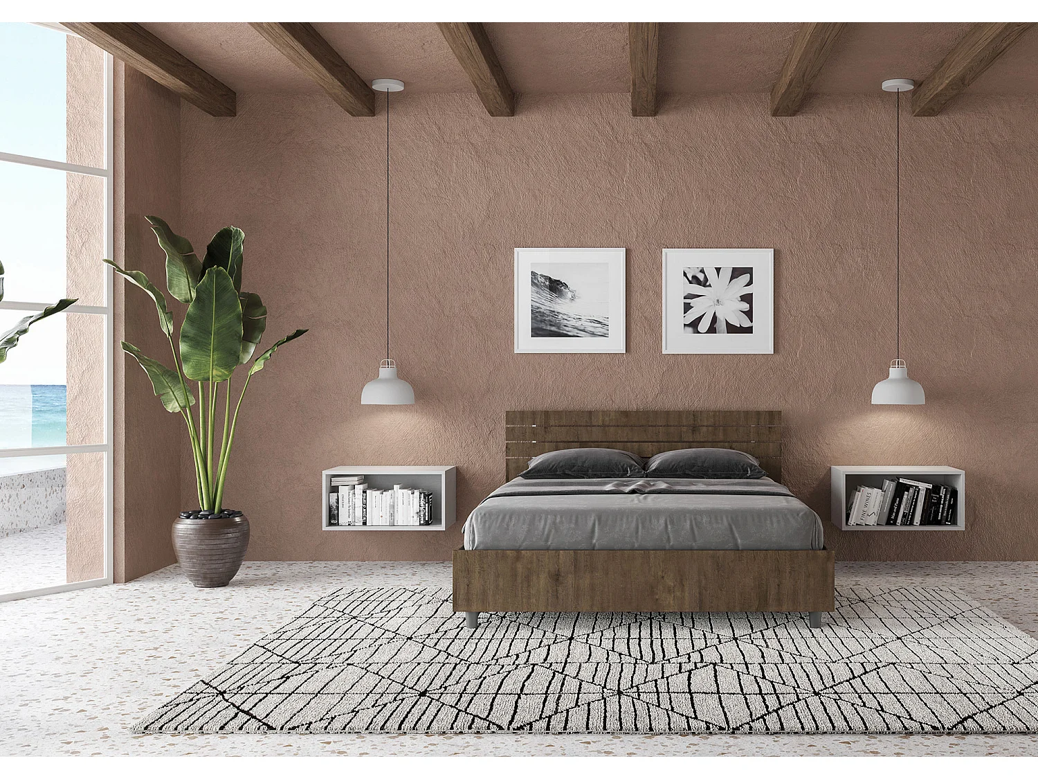 Letto matrimoniale francese con rete 140x200 testata inclinata con doghe noce Ankel