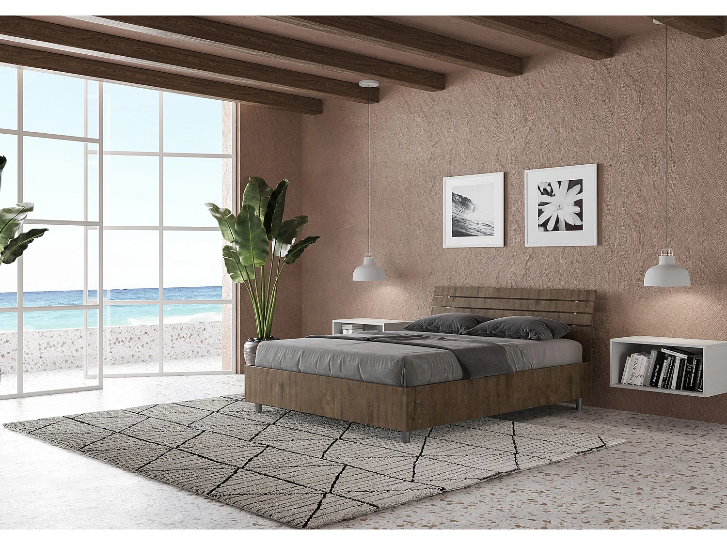 Letto matrimoniale francese con rete 140x200 testata inclinata con doghe noce Ankel