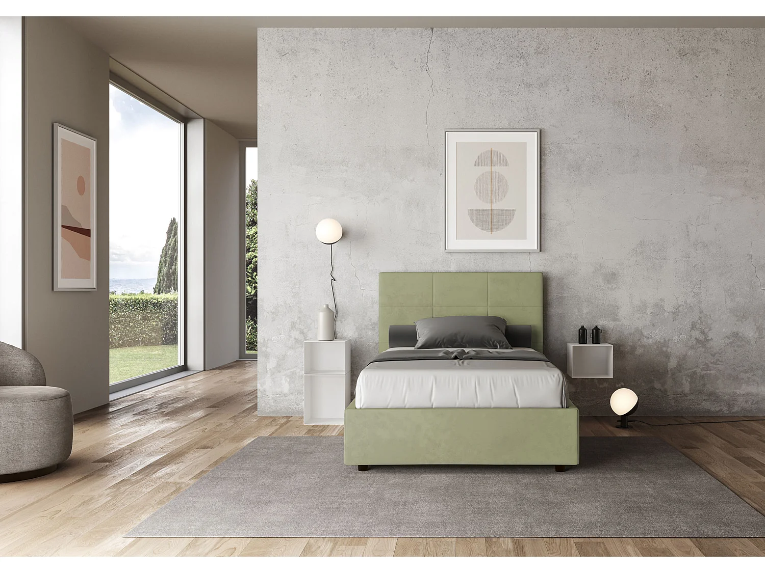 Lit 1 place et demi avec sommier rembourré 120x200 microfibre vert Mika