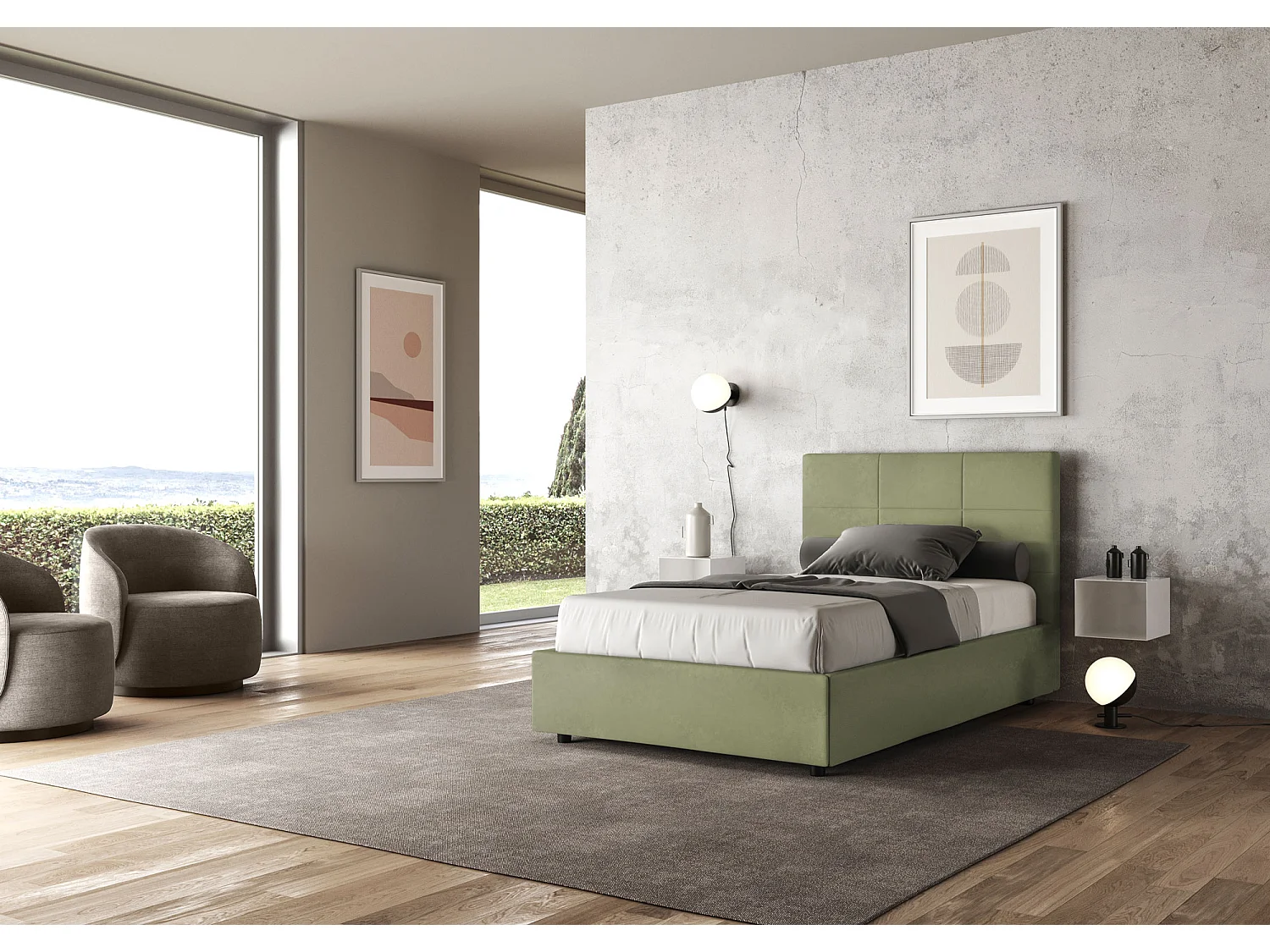 Lit 1 place et demi avec sommier rembourré 120x200 microfibre vert Mika