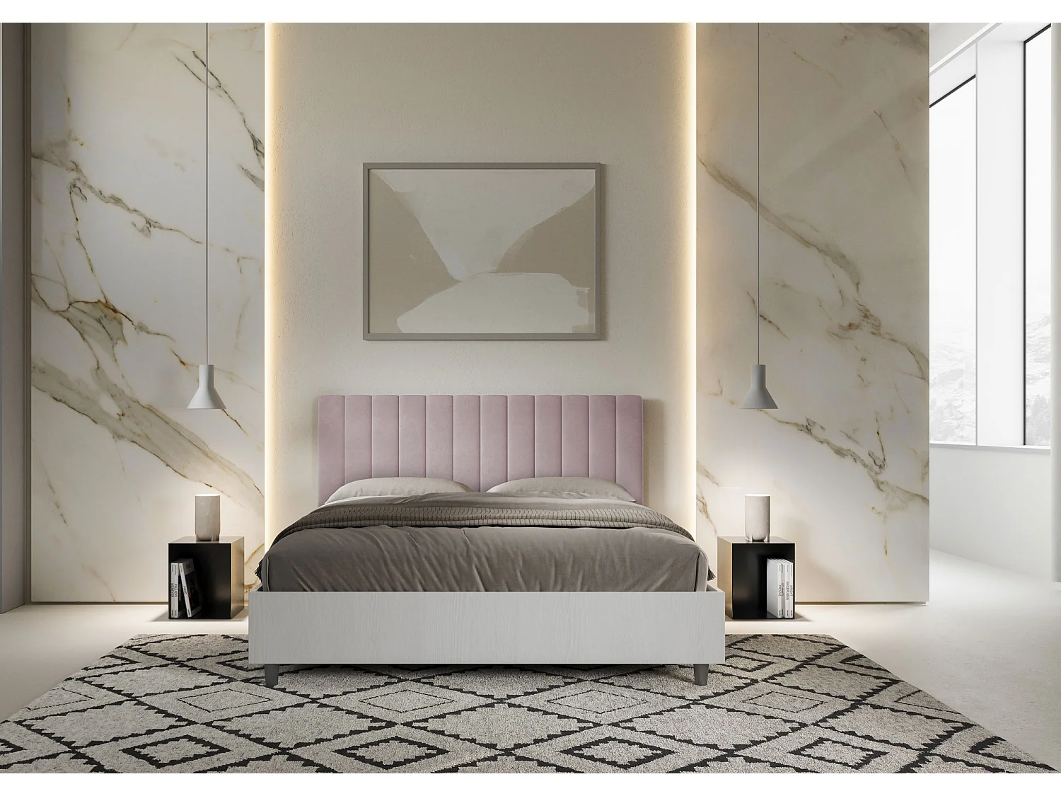 Letto con rete 160x200 struttura bianco frassino testata Nobilitato/Microfibra glicine Kaia