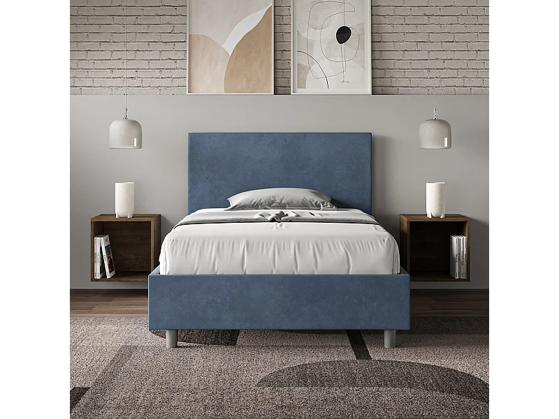 Letto senza rete imbottito 120x200 microfibra blu Adele