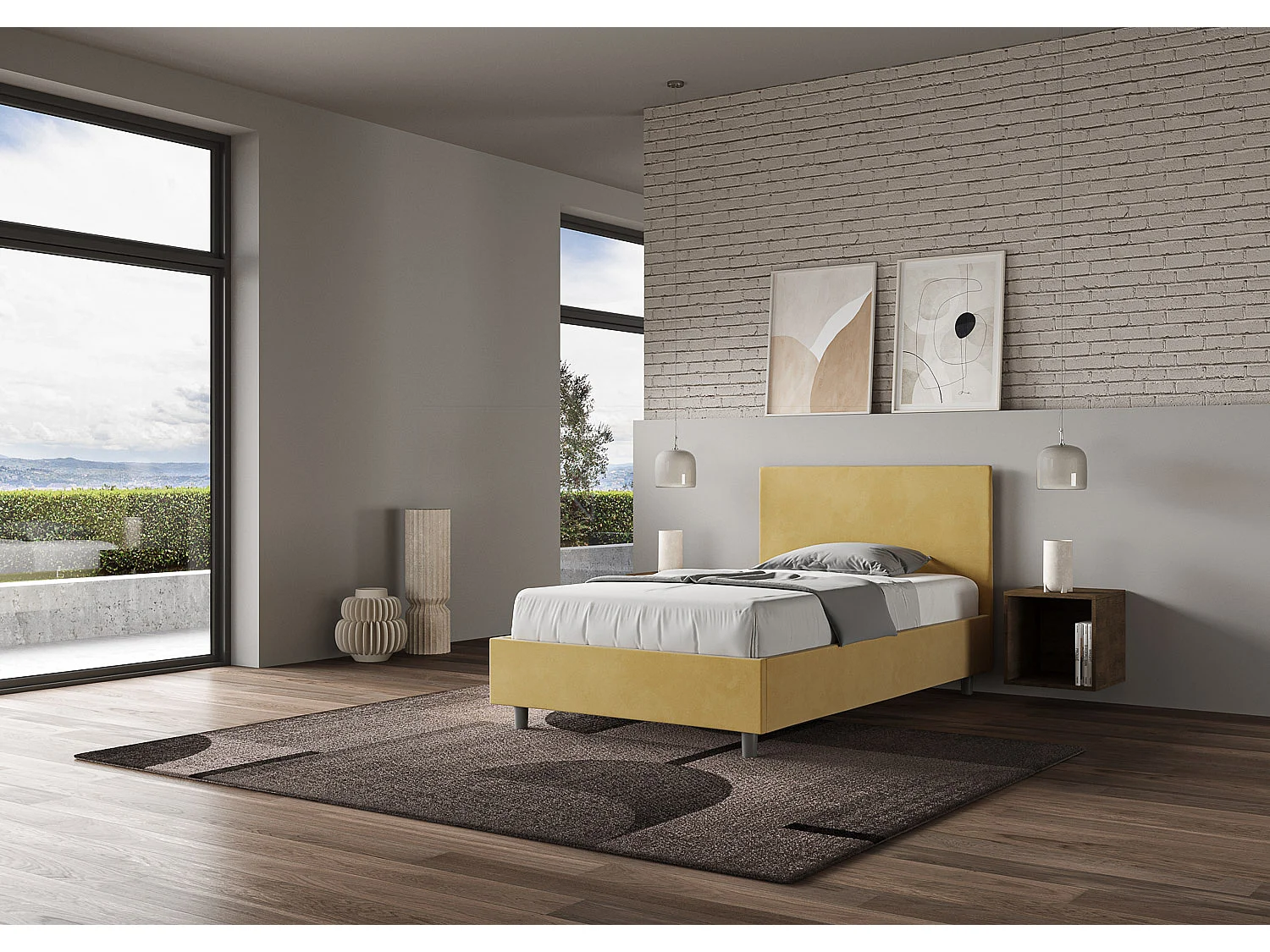 Lit 1 place et demi avec sommier rembourré 120x210 microfibre ocre Adele