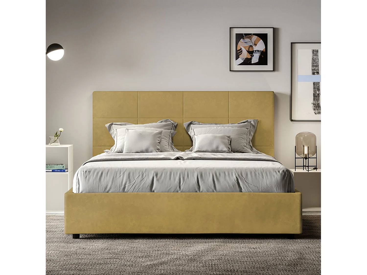 Cama de casal sem estrado estofada 140x190 microfibra ocre Mika