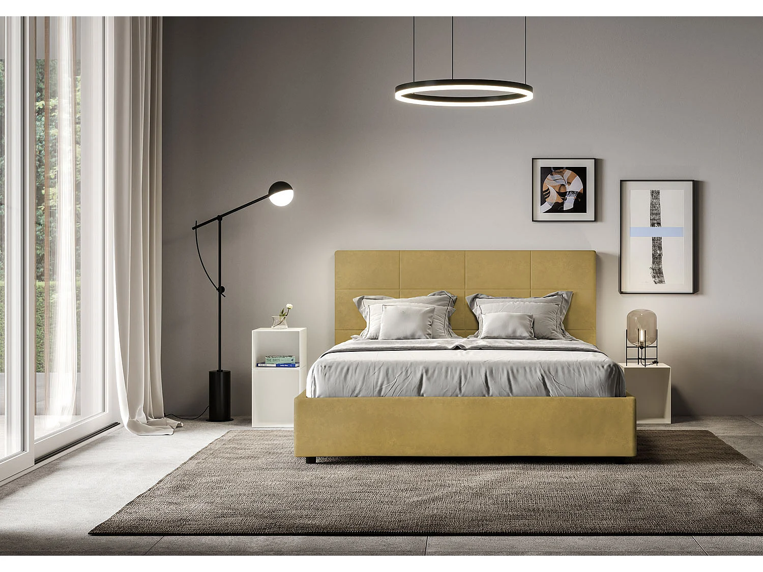 Cama de casal sem estrado estofada 140x190 microfibra ocre Mika