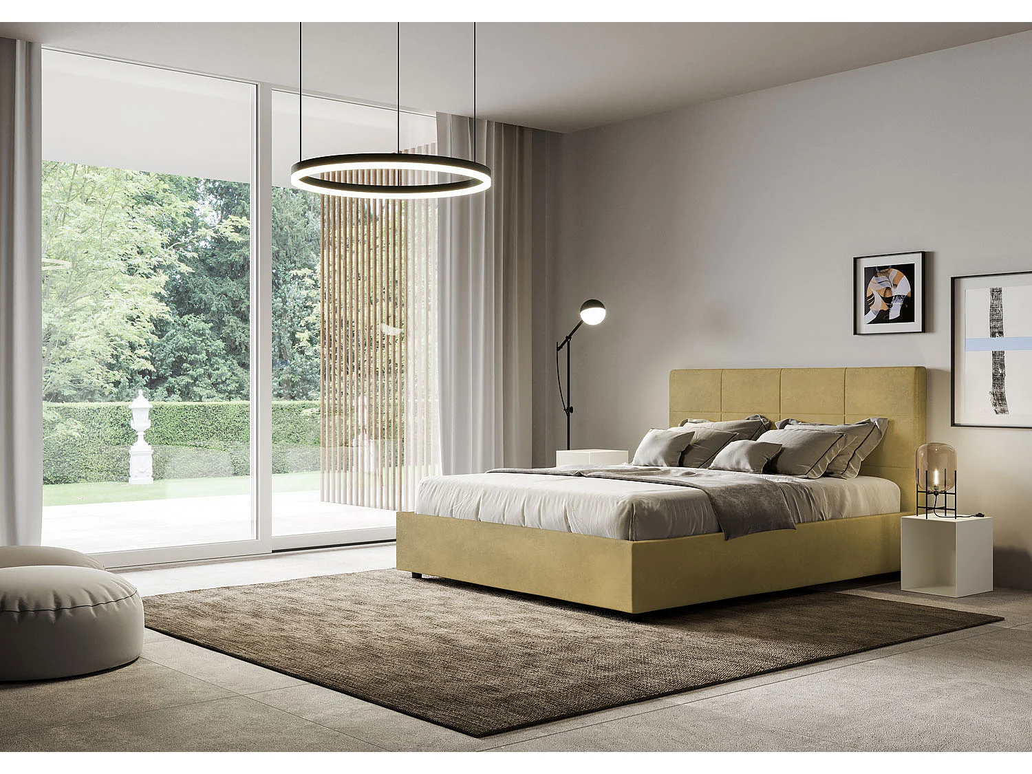 Cama de casal sem estrado estofada 140x190 microfibra ocre Mika