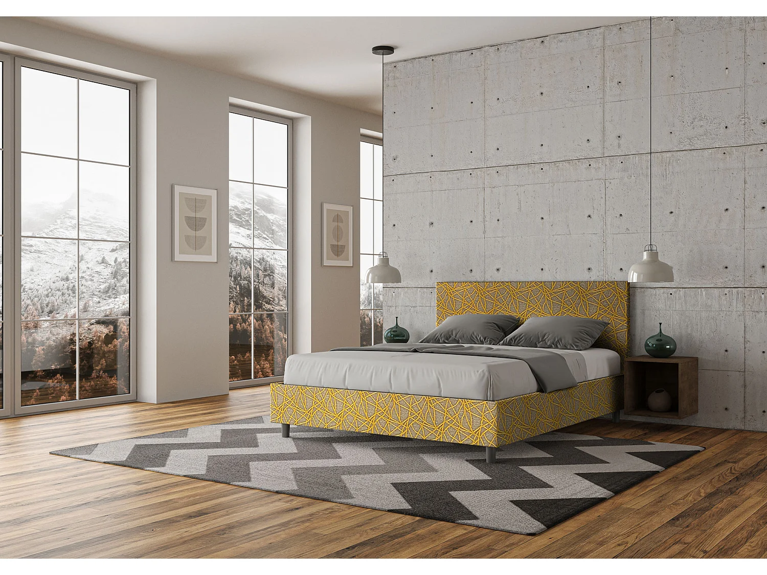 Cama con somier acolchado 160x210 en tejido Era 06 amarillo Adele