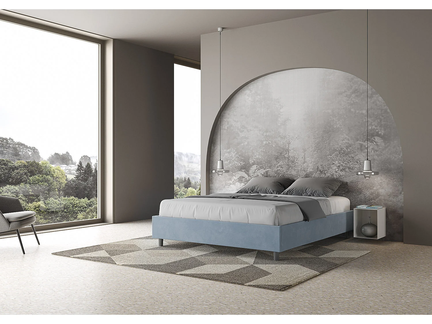 Lit sans sommier rembourré 160x190 microfibre bleu clair Azelia