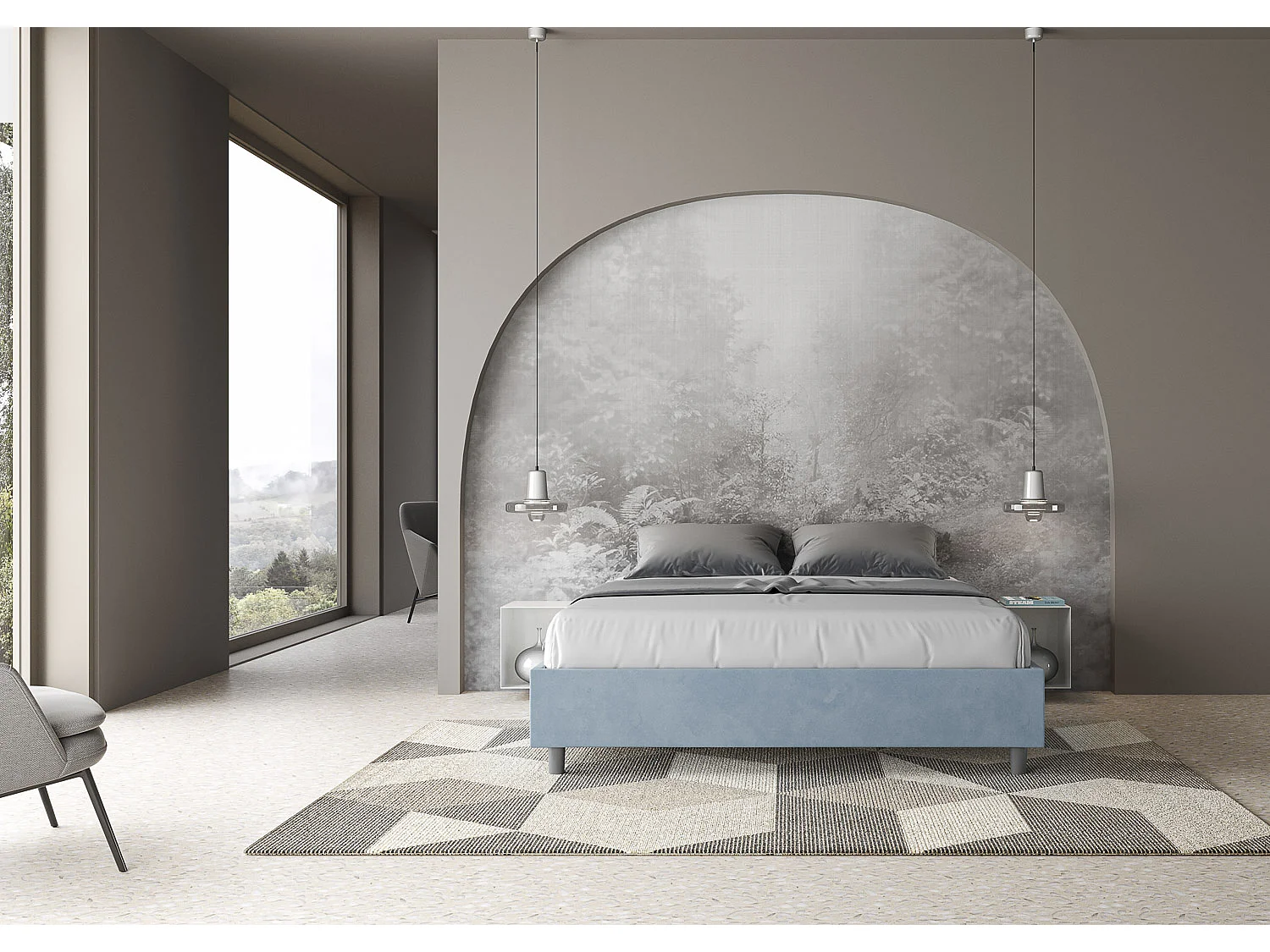 Letto senza rete imbottito 160x190 microfibra azzurro Azelia