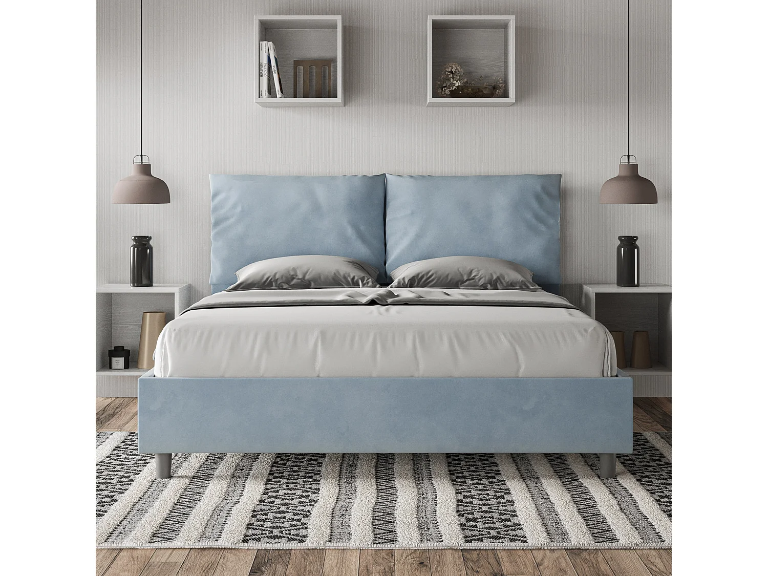 Letto senza rete imbottito 160x190 microfibra azzurro Antea