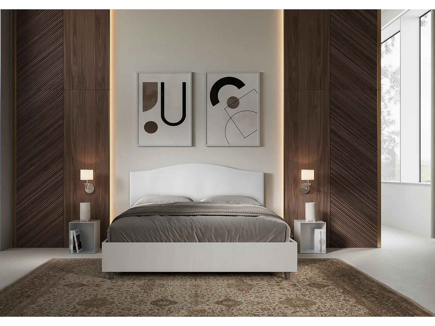 Lit sans sommier 160x200 structure frêne blanc tête de lit similicuir blanc Grace