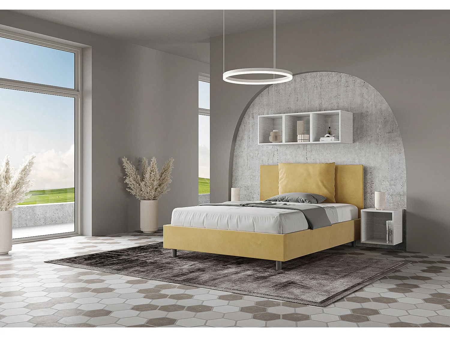 Antea bed met 140x200 gewatteerde basis in okerkleurige microvezel