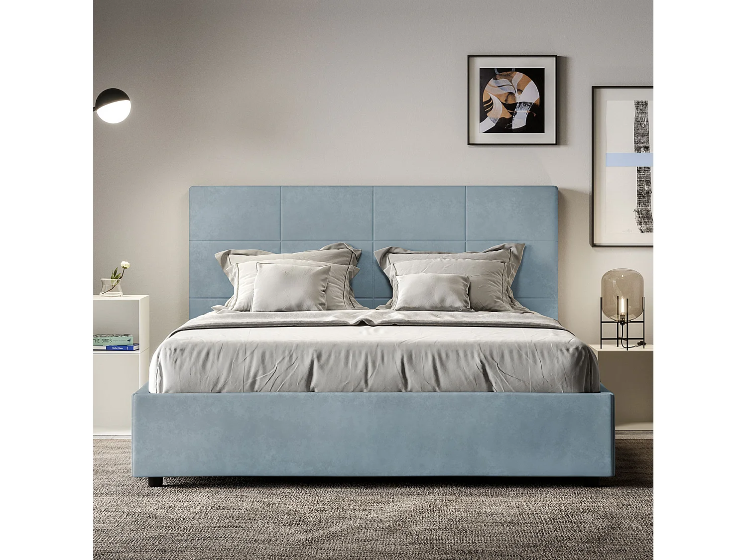 Lit sans sommier rembourré 160x190 microfibre bleu clair Mika