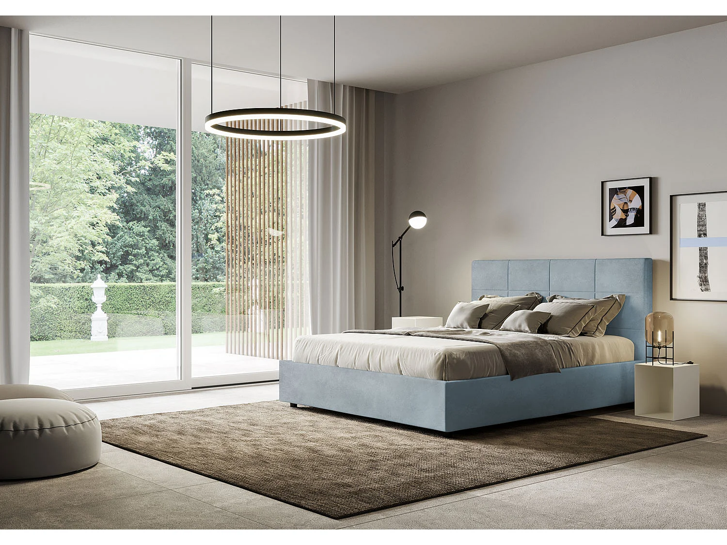 Lit sans sommier rembourré 160x190 microfibre bleu clair Mika