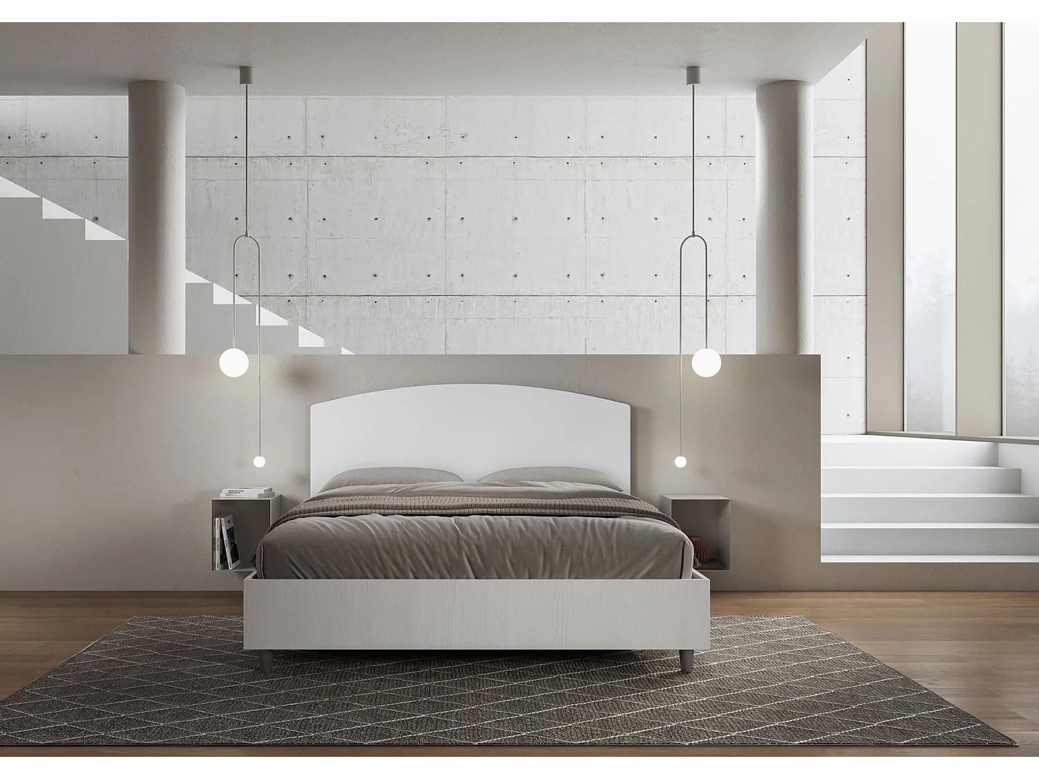 Lit sans sommier 160x200 structure frêne blanc tête de lit similicuir blanc Antilia