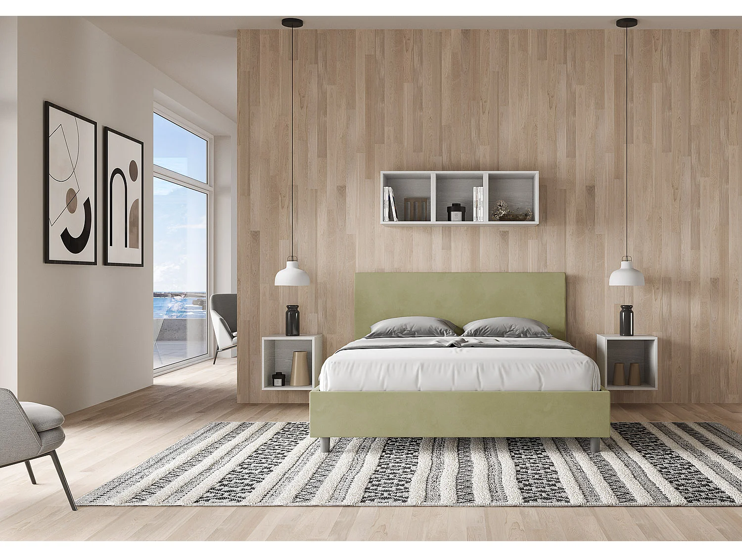 Lit avec sommier rembourré 160x190 microfibre vert Adele
