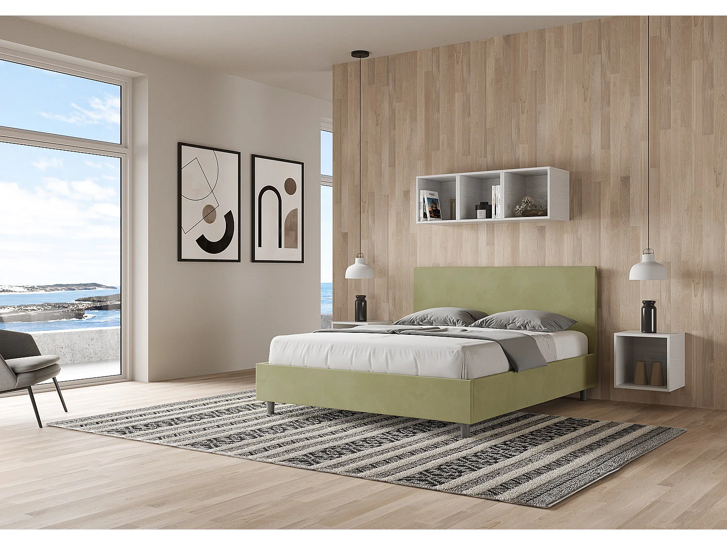 Lit avec sommier rembourré 160x190 microfibre vert Adele