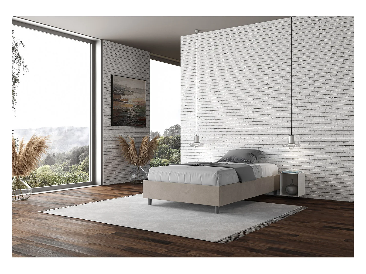 Cadre de lit 1 place et demi sans sommier rembourré 120x190 microfibre sable Azelia