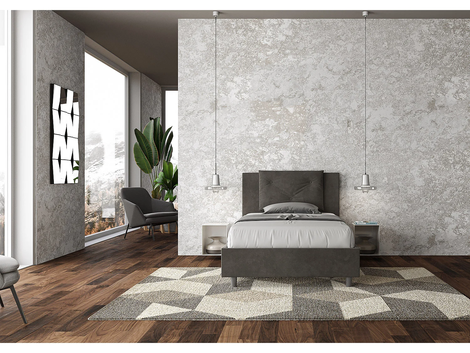 Lit 1 place et demi avec sommier rembourré 120x200 microfibre gris Appia