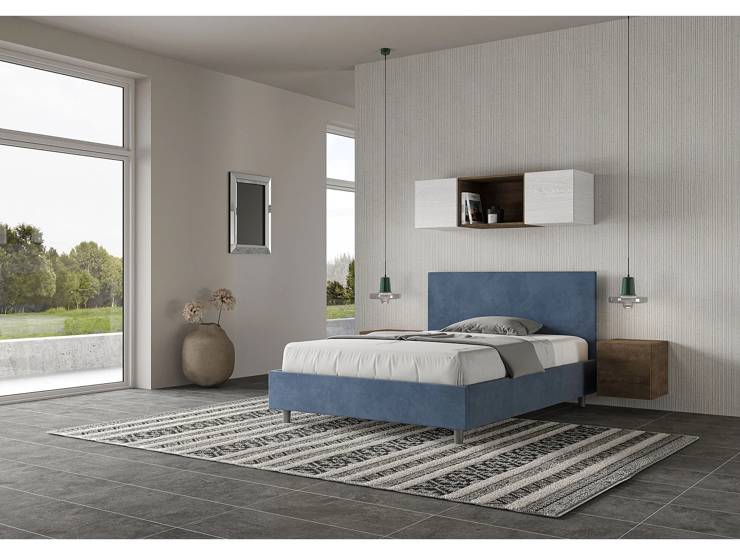 Letto con rete imbottito 140x210 microfibra blu Adele