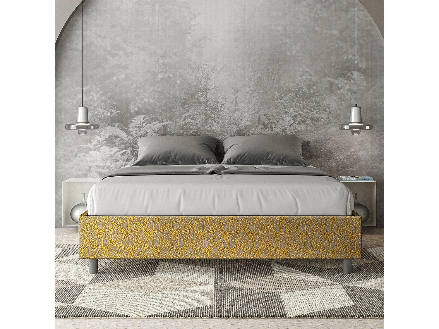 Cama de casal queen size sem estrado estofada sem cabeceira 160x200 tecido Era 06 amarelo Azelia