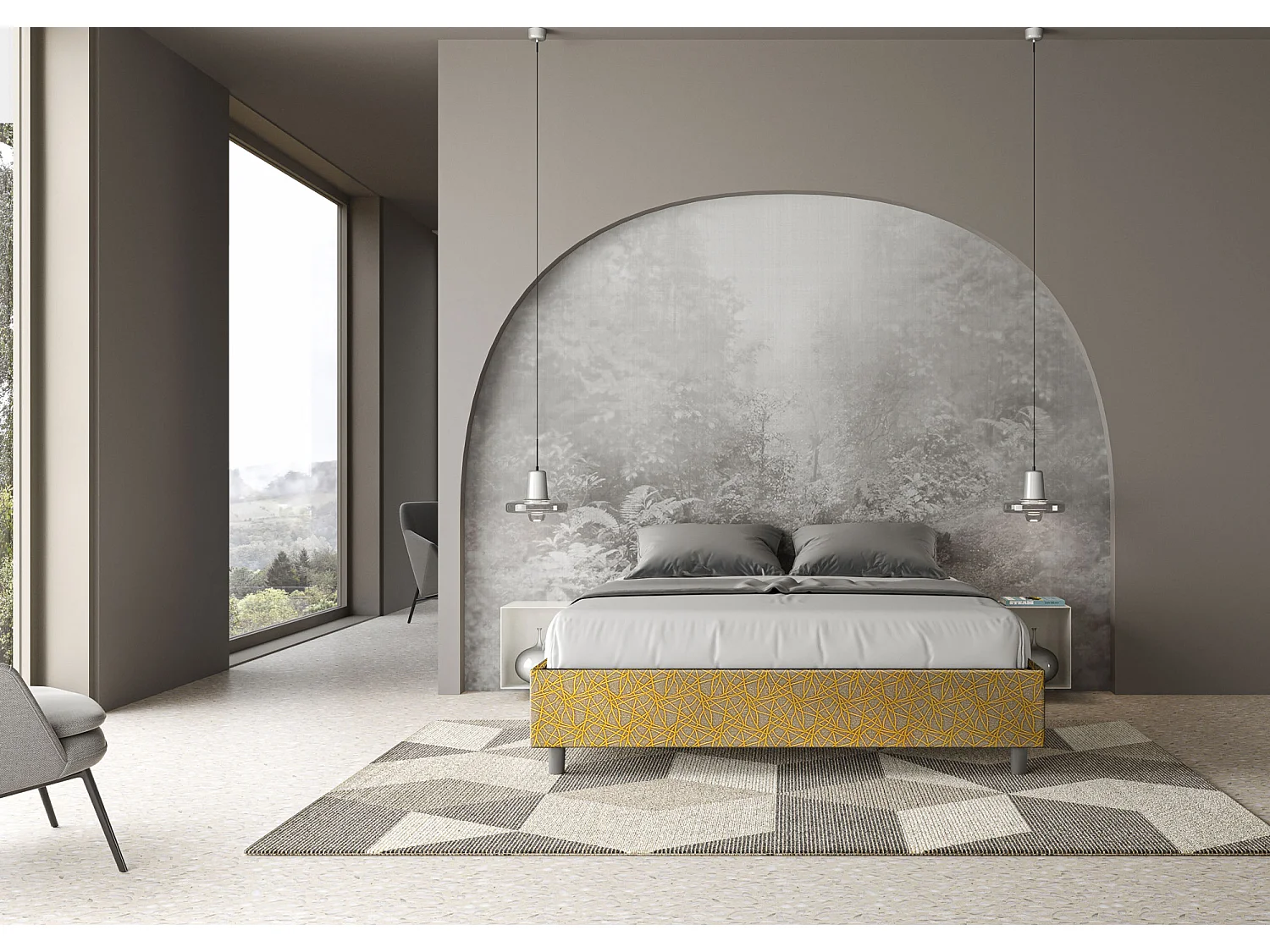 Cama de casal queen size sem estrado estofada sem cabeceira 160x200 tecido Era 06 amarelo Azelia