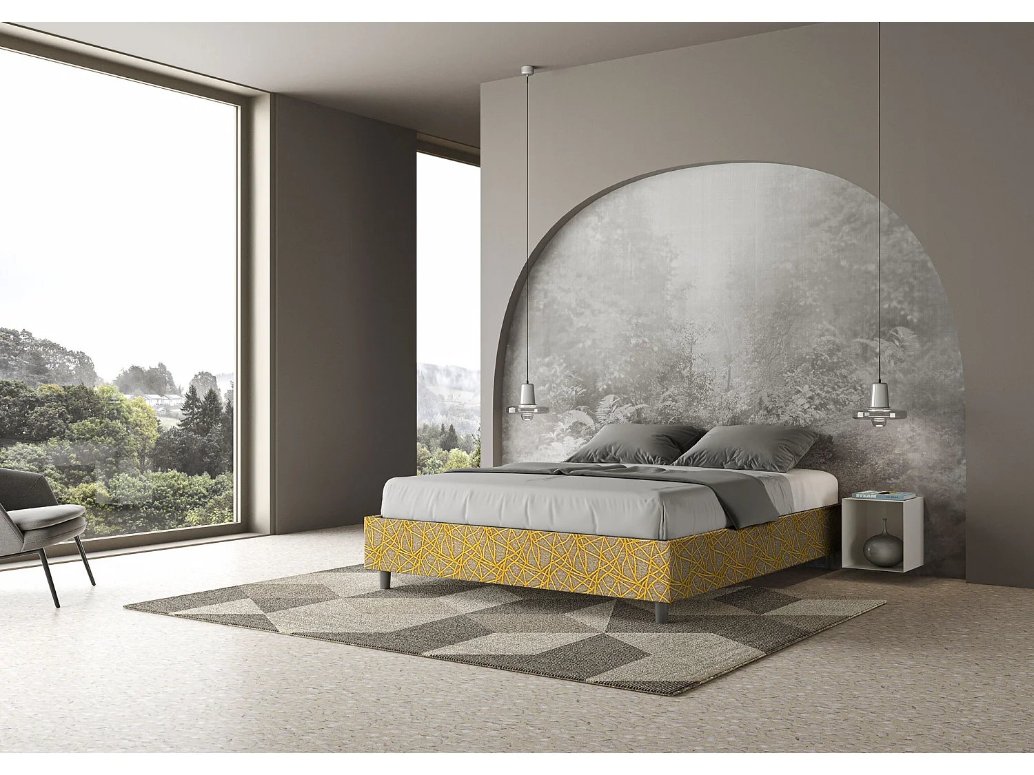 Cama de casal queen size sem estrado estofada sem cabeceira 160x200 tecido Era 06 amarelo Azelia