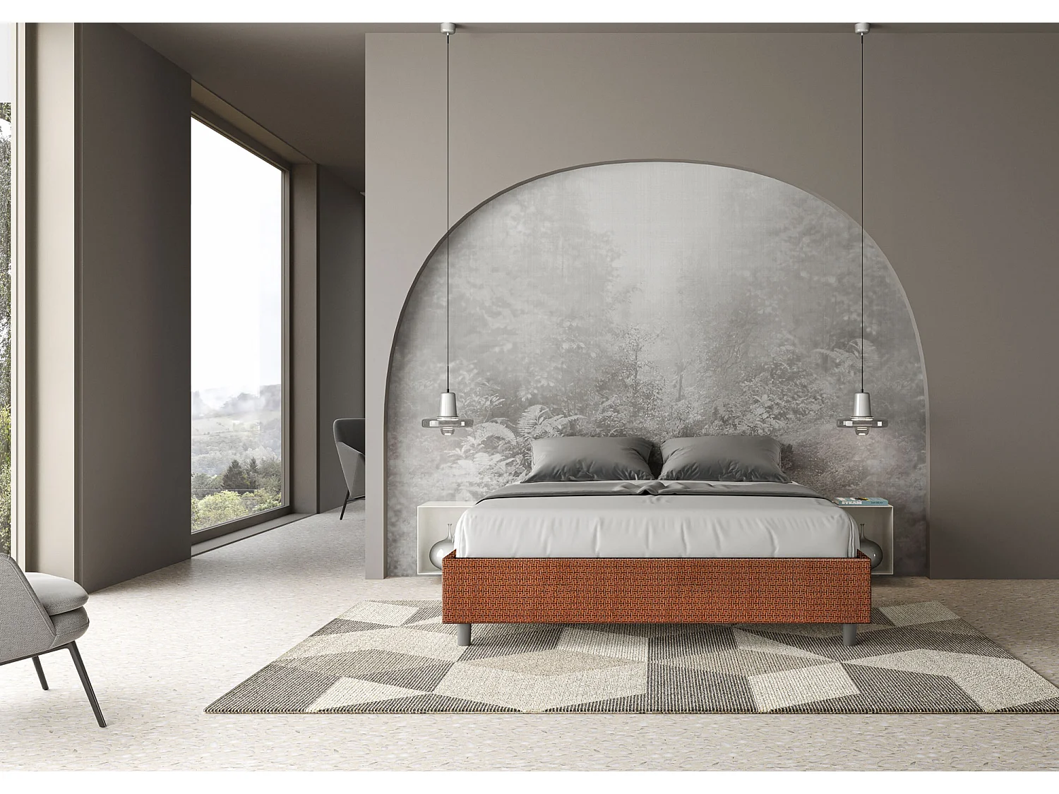 Letto Sommier con rete imbottito 160x210 tessuto Labirinto 04 arancio Azelia