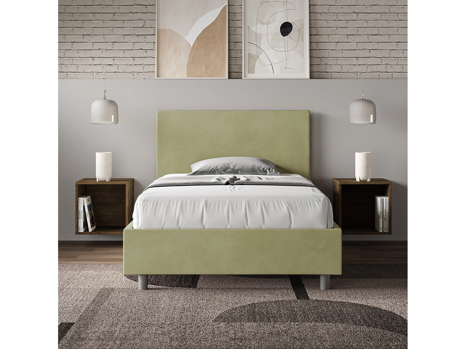 Cama de una plaza y medio  sin somier acolchada 120x210 microfibra verde Adele