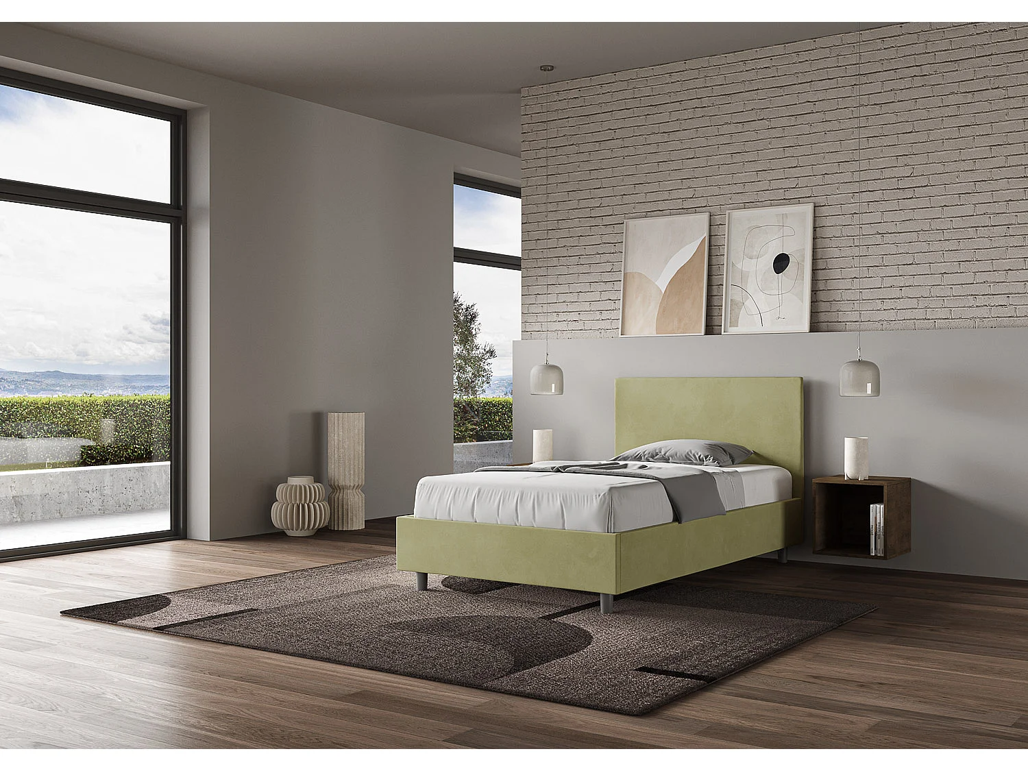 Cama de una plaza y medio  sin somier acolchada 120x210 microfibra verde Adele