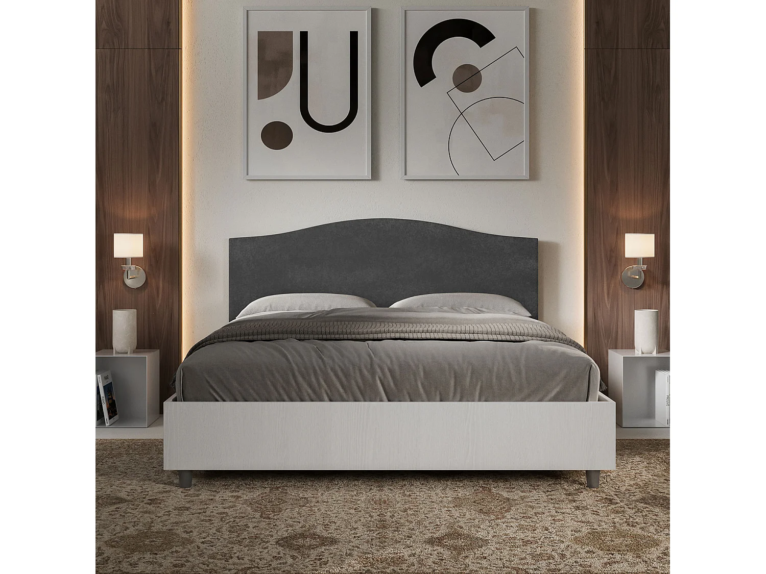 Lit sans sommier 160x190 structure frêne blanc tête de lit microfibre gris Grace