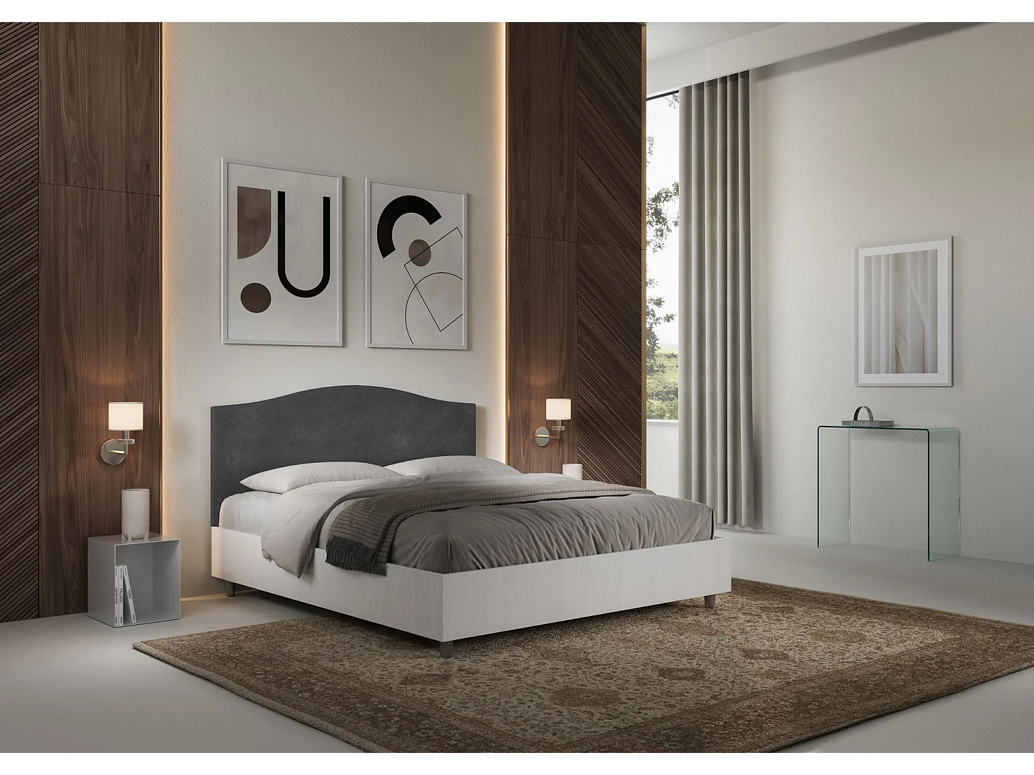 Lit sans sommier 160x190 structure frêne blanc tête de lit microfibre gris Grace