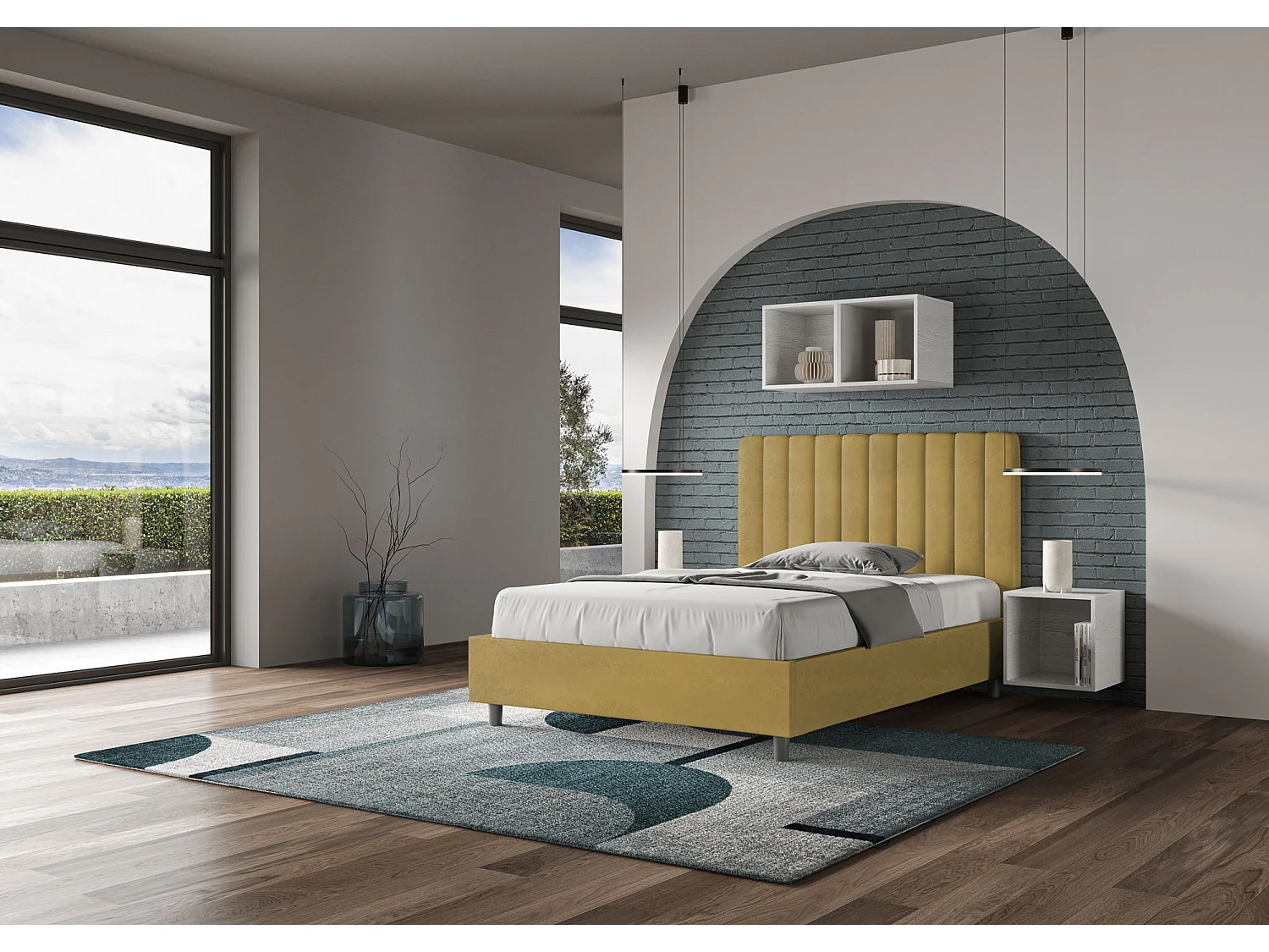 Letto senza rete imbottito 120x200 microfibra ocra Agueda