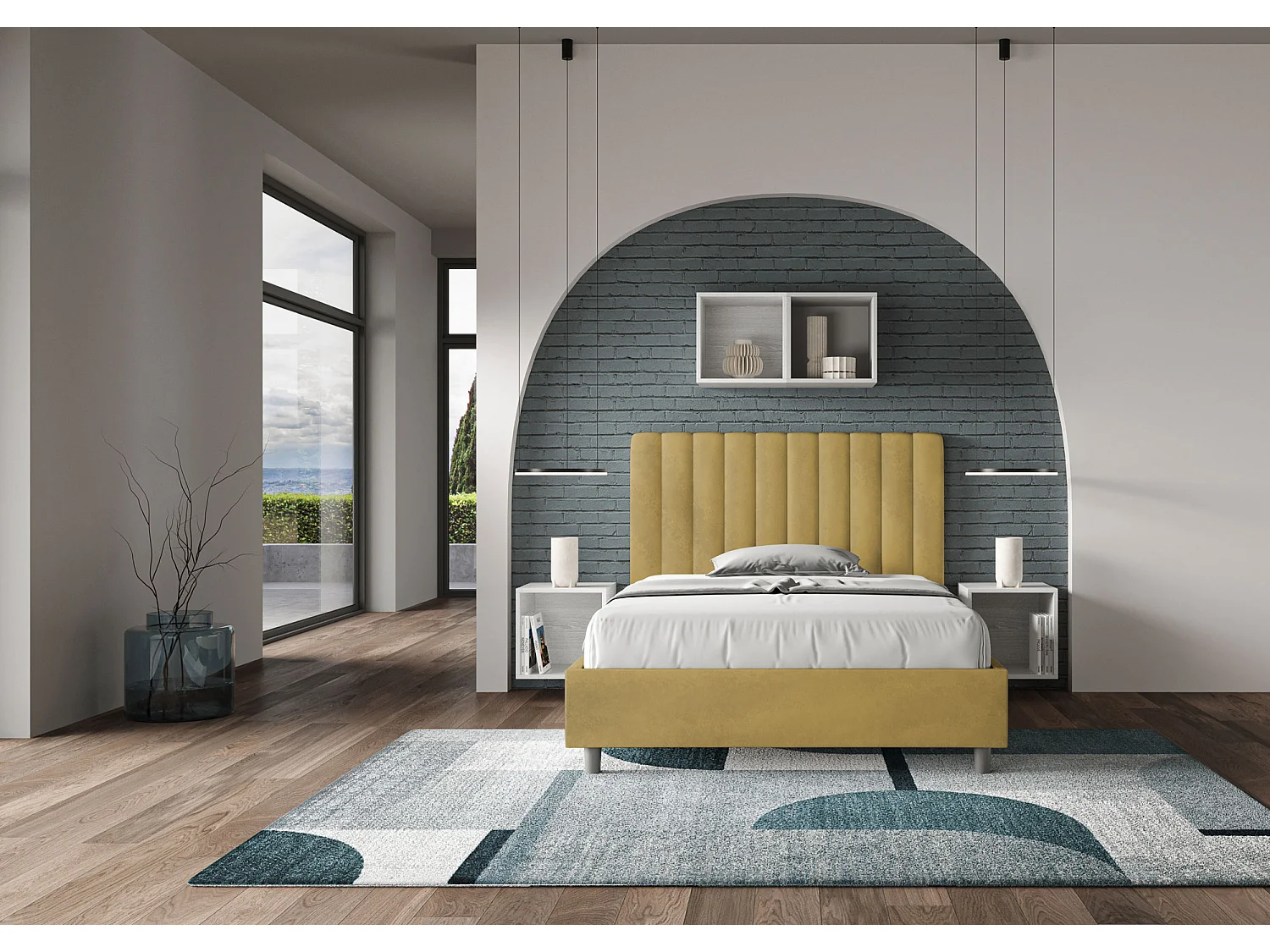 Lit 1 place et demi sans sommier rembourré 120x200 microfibre ocre Agueda