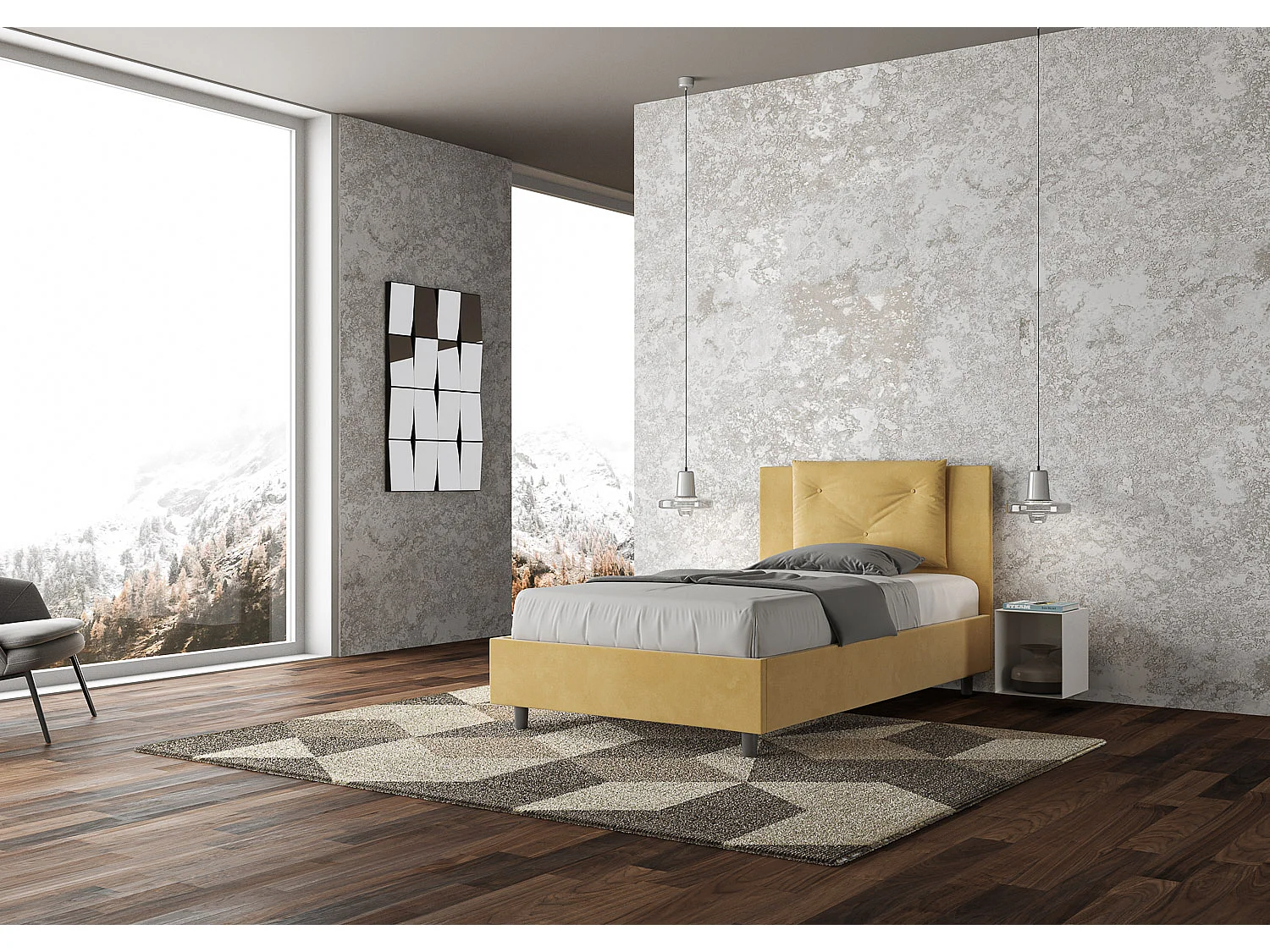 Lit 1 place et demi sans sommier rembourré 120x210 microfibre ocre Appia