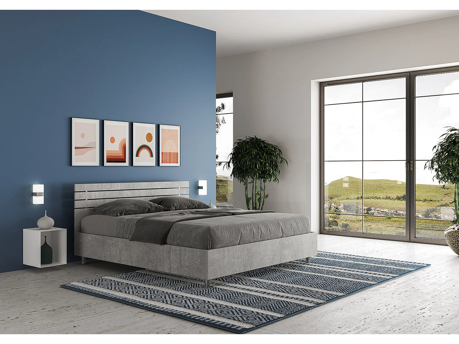 Lit sans sommier 160x200 tête de lit droite avec des lames gris béton Ankel