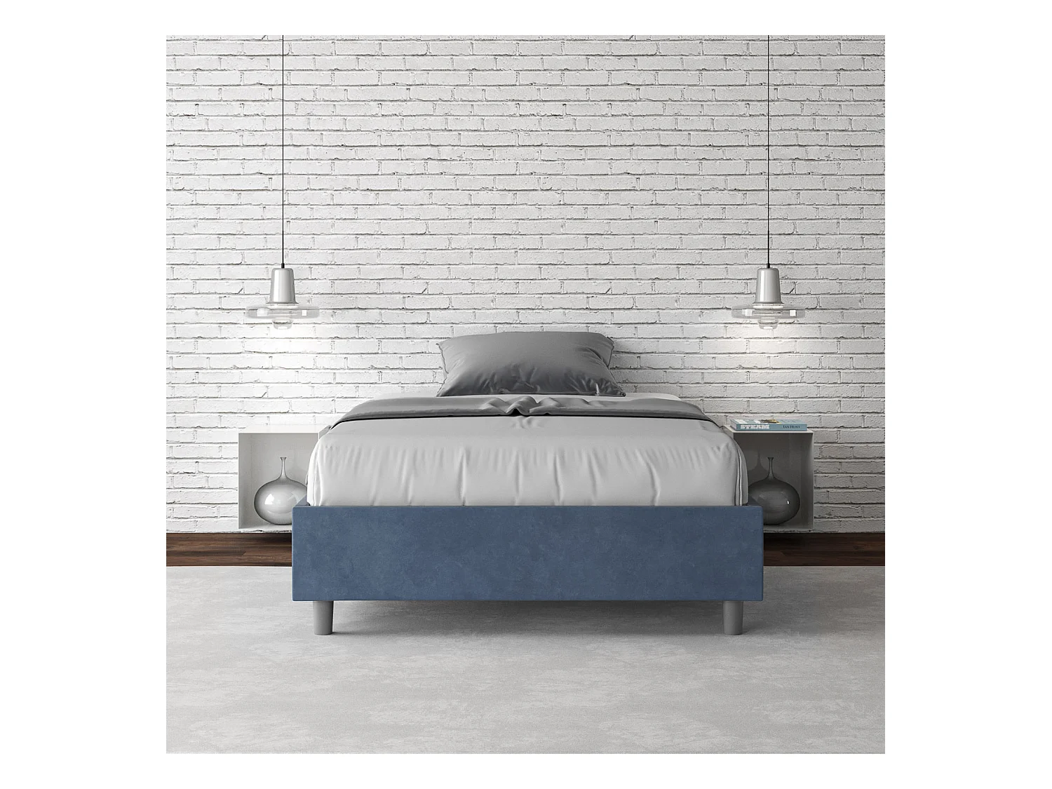 Cadre de lit 1 place et demi avec sommier rembourré 120x190 microfibre bleu Azelia