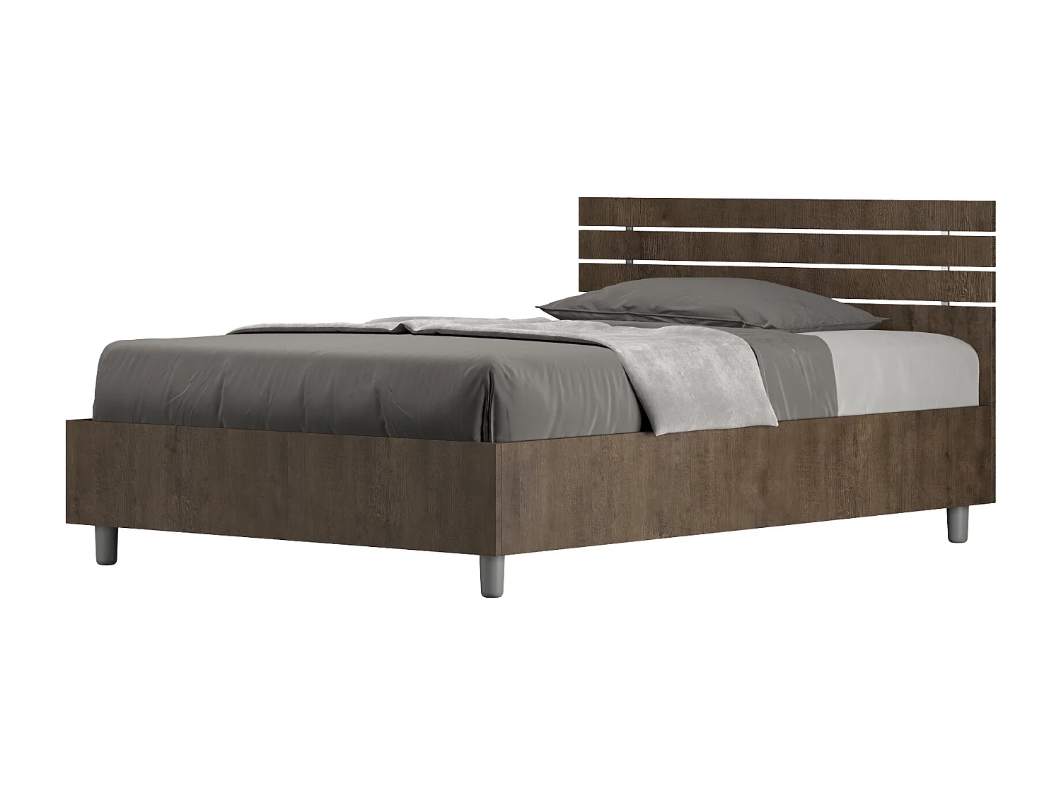 Bed 120x200 zonder lattenbodem schuin bedhoofd met laatten walnoot Ankel