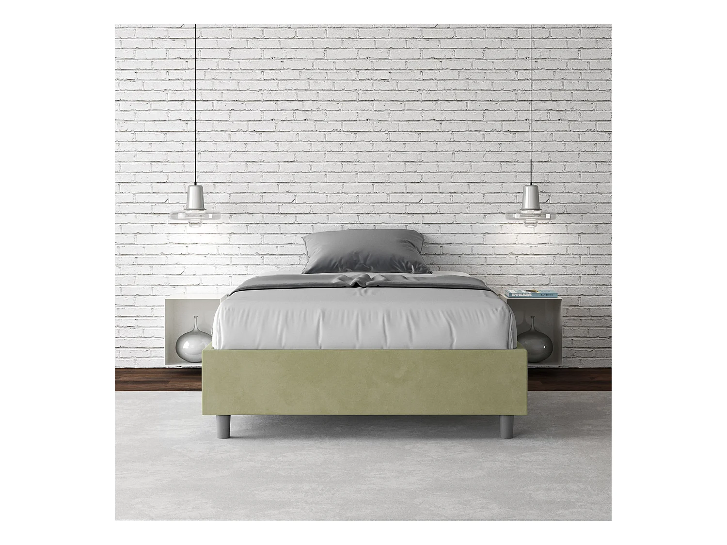 Cadre de lit 1 place et demi sans sommier rembourré 120x190 microfibre vert Azelia