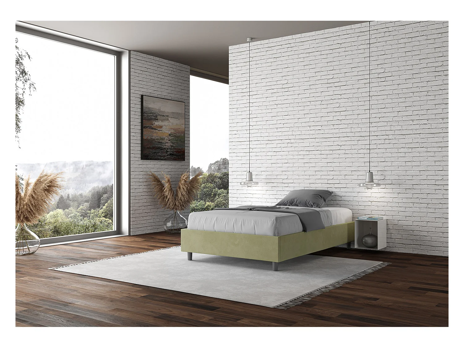 Cadre de lit 1 place et demi sans sommier rembourré 120x190 microfibre vert Azelia