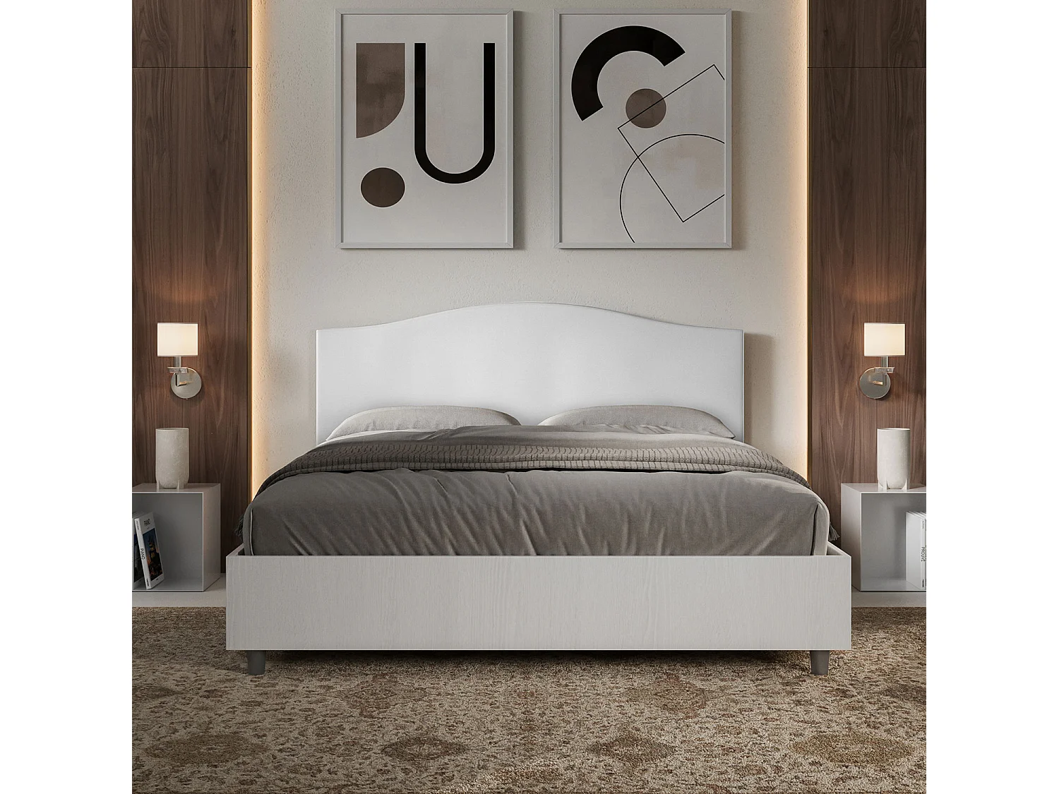 Lit sans sommier 160x190 structure frêne blanc tête de lit similicuir blanc Grace