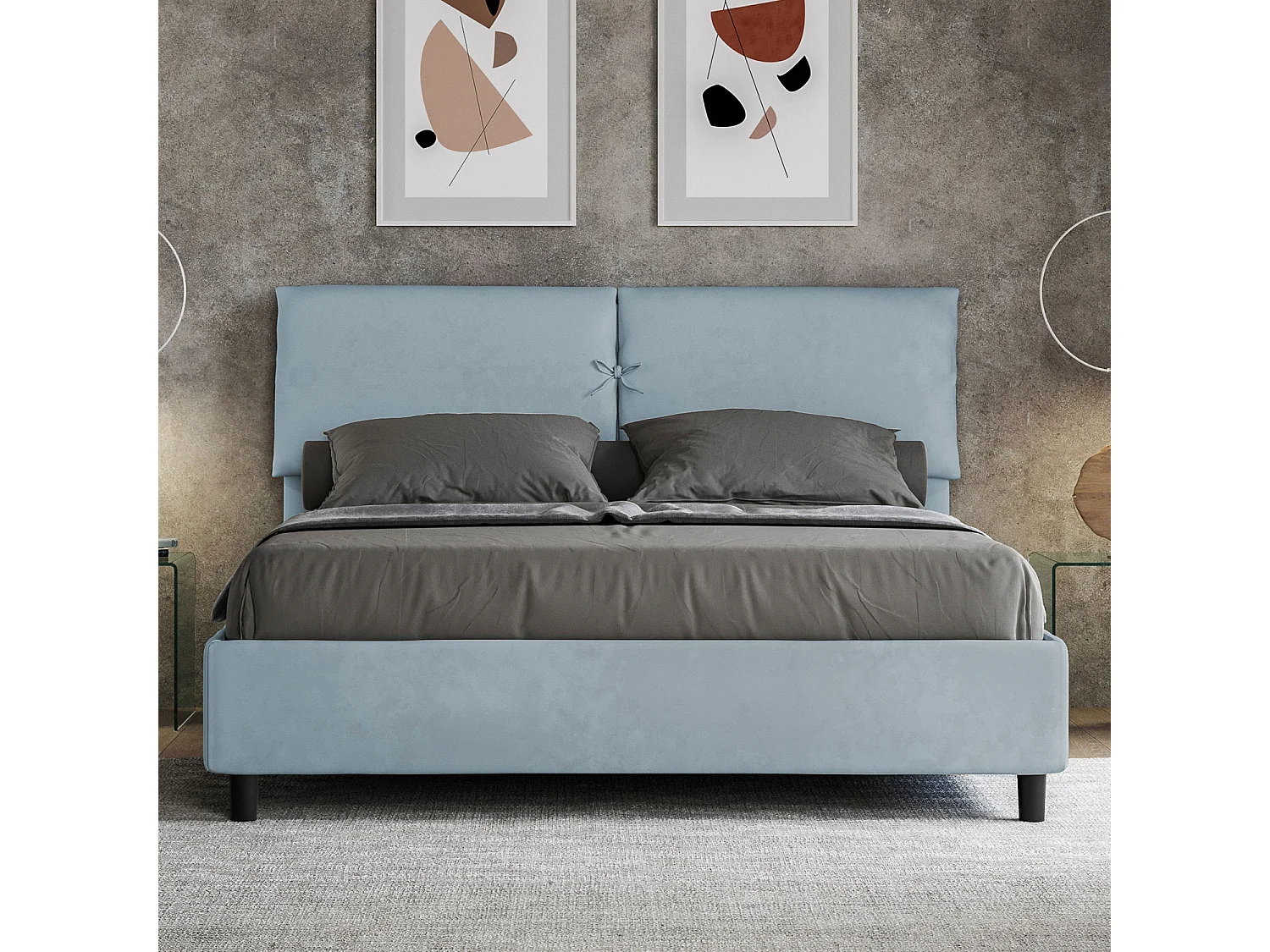 Lit sans sommier rembourré 160x190 microfibre bleu clair Mados