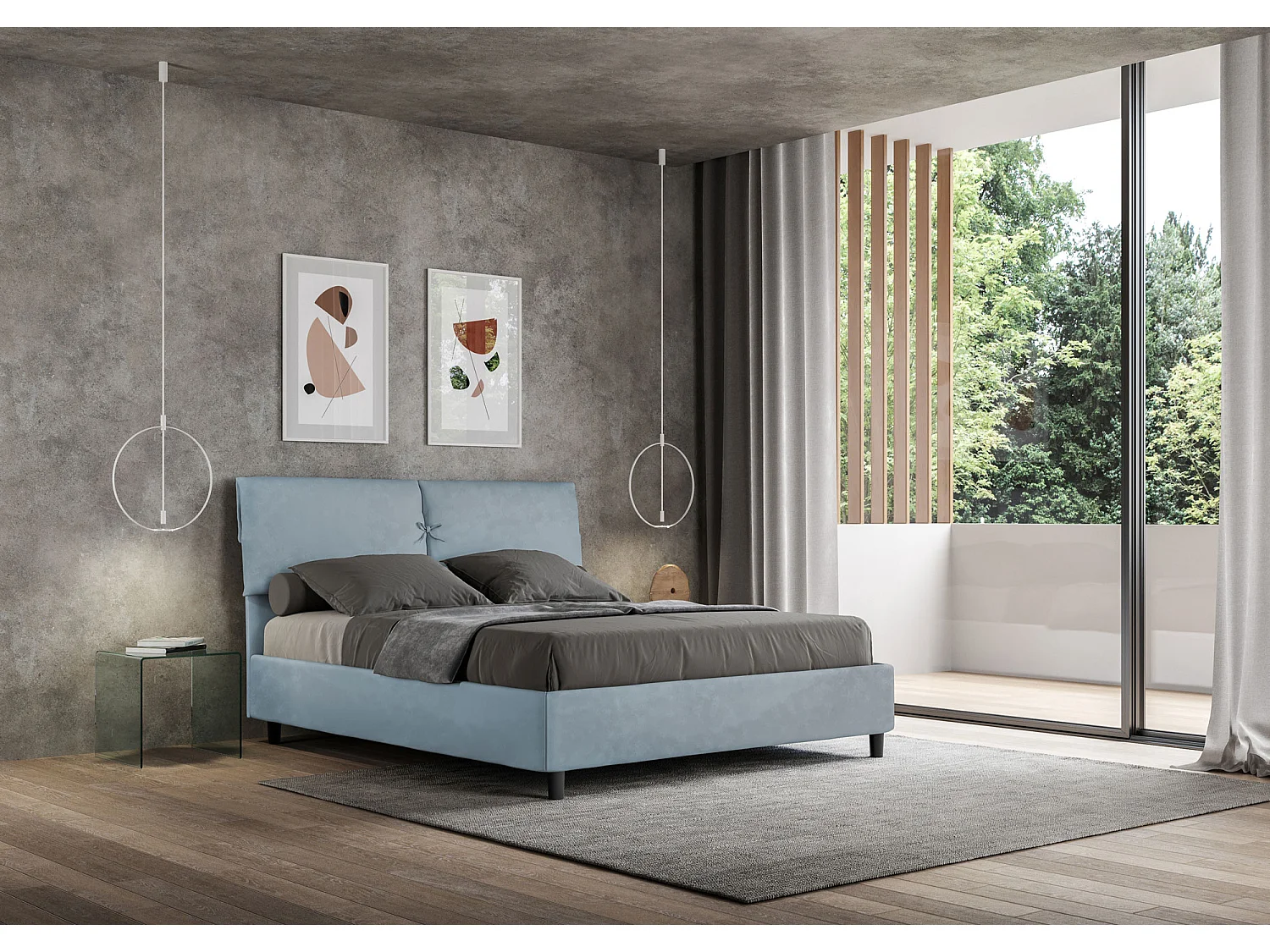Lit sans sommier rembourré 160x190 microfibre bleu clair Mados