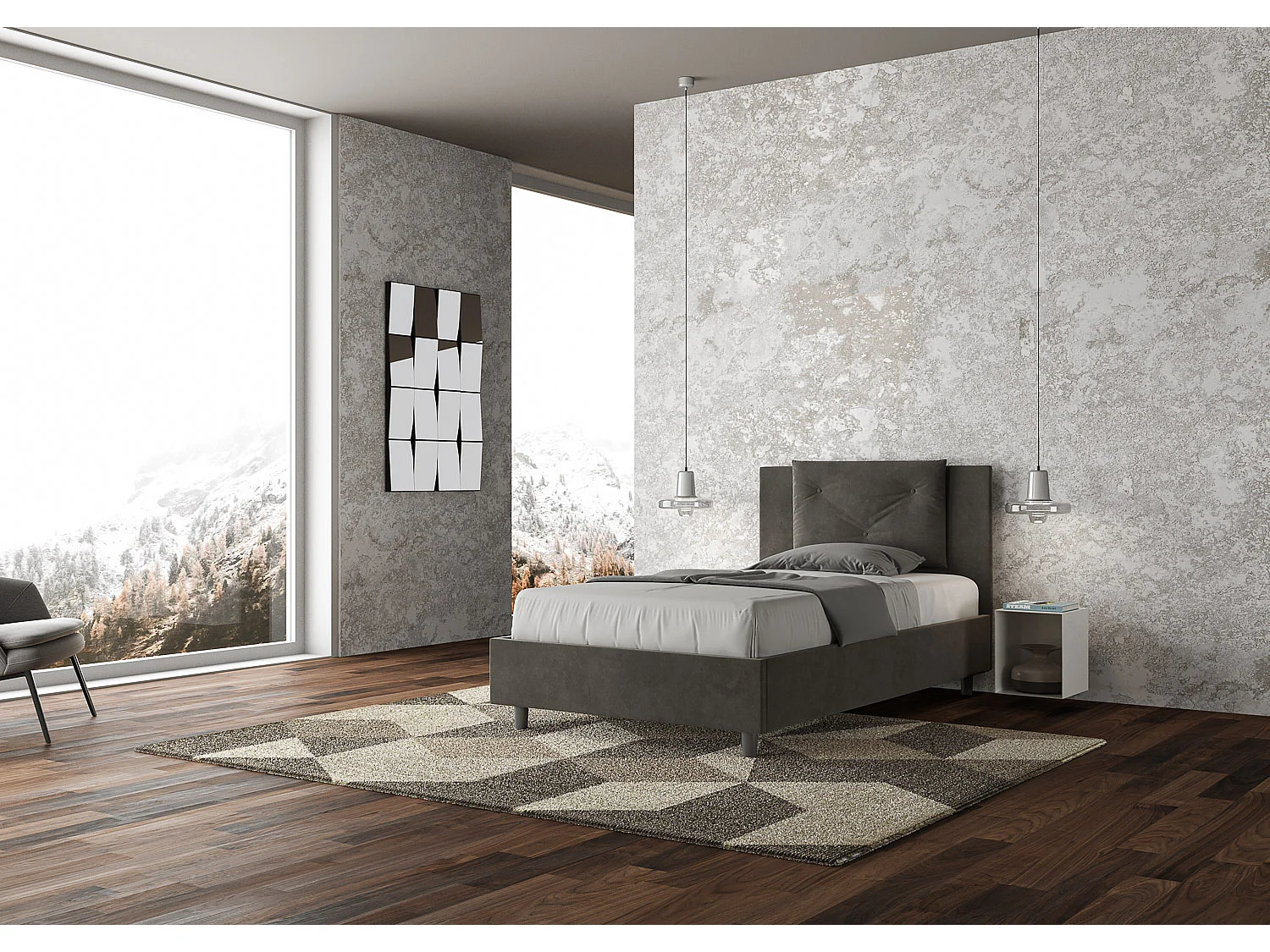 Lit 1 place et demi sans sommier rembourré 120x190 microfibre gris Appia